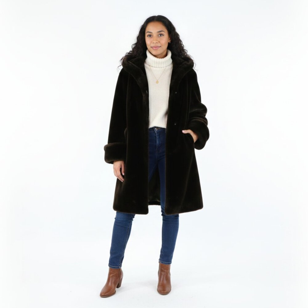 *Vintage Lucien Daville Paris Faux Fur Coat - Harrods Dark Brown with Hood